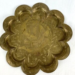 Vintage Brass Tray w Fluted Edges and the Hindu God Shiva w4 Arms Snake Trident